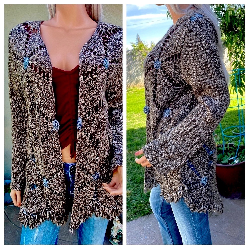 XS-M BoHo Chic Crochet Scallop Fringe Cardigan Duster Sweater - Picture 5 of 16